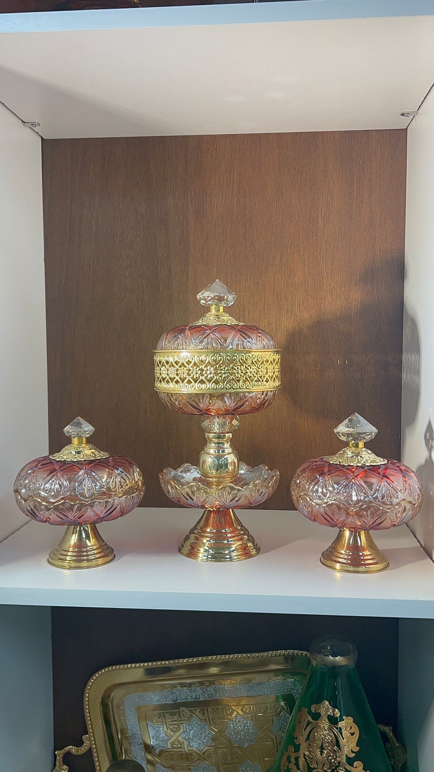 Set of glass and copper incense burner and jars