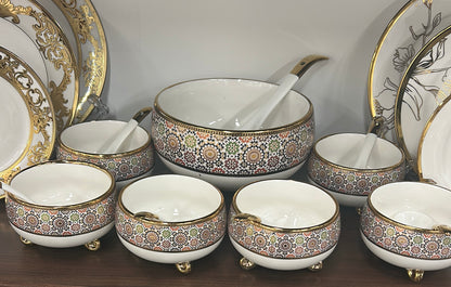 Porcelain Bowl Set – Moroccan Zellige Pattern (Soup Tureen + Bowls + Spoons)