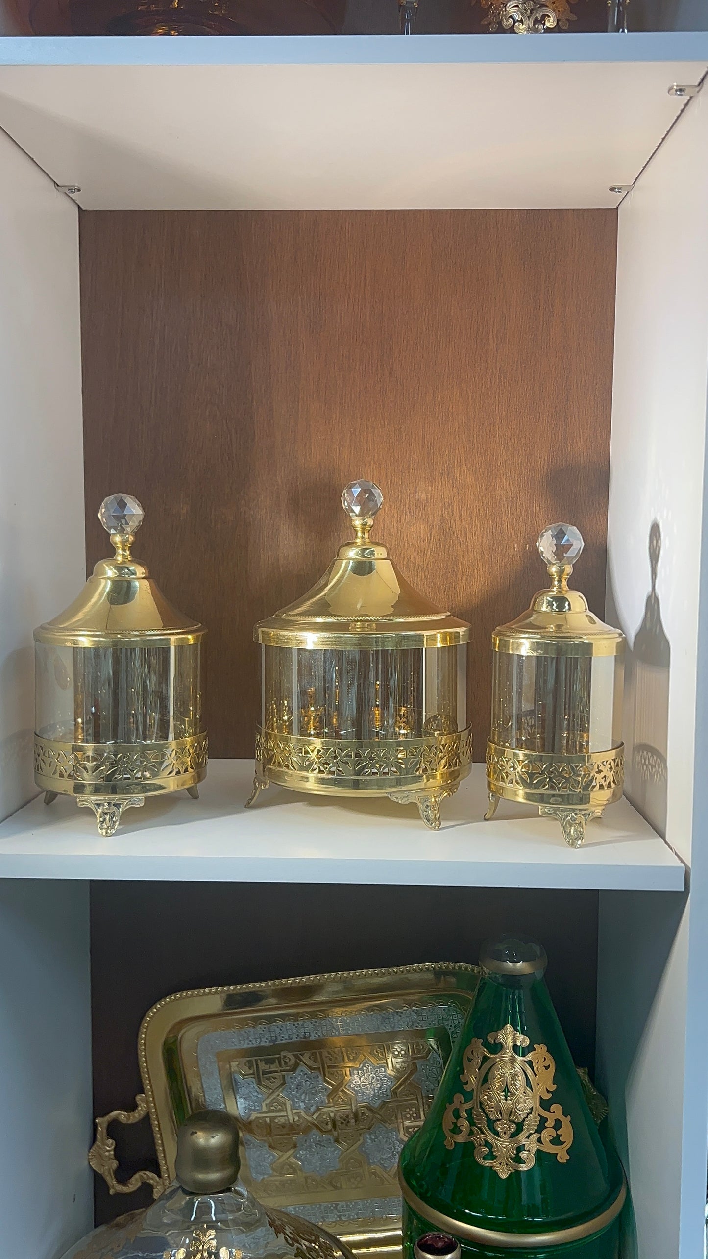 handcrafted set of crystal and copper candy jars