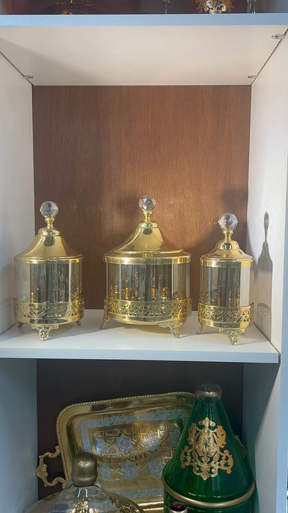 handcrafted set of crystal and copper candy jars