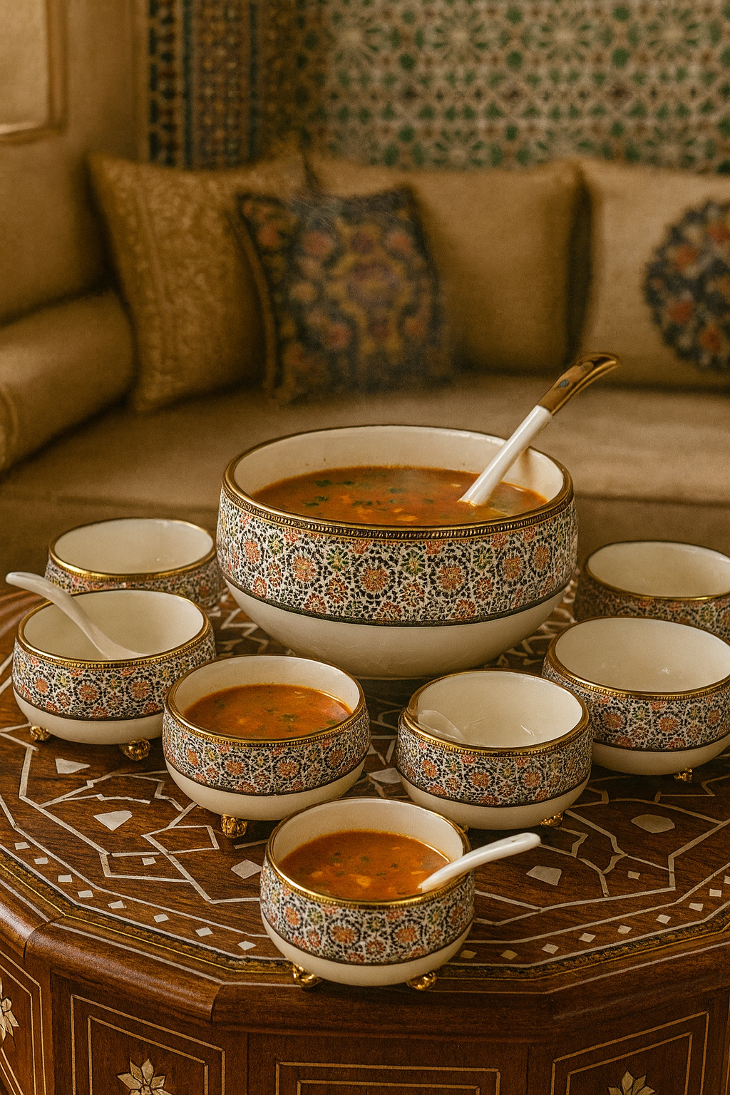 Porcelain Bowl Set – Moroccan Zellige Pattern (Soup Tureen + Bowls + Spoons)