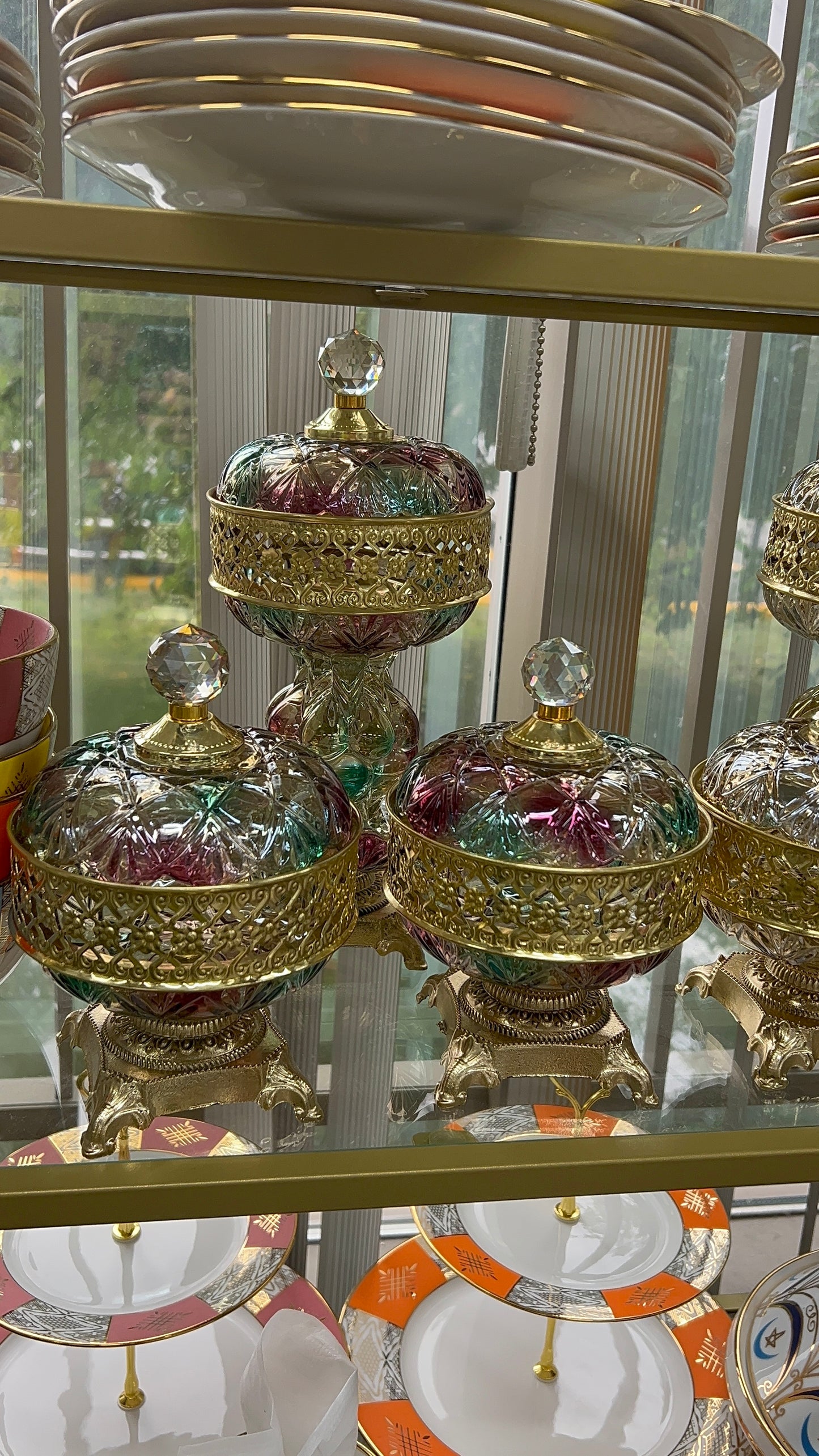 Ensemble brûleur d'encens de luxe en cristal et or – Élégance orientale artisanale
