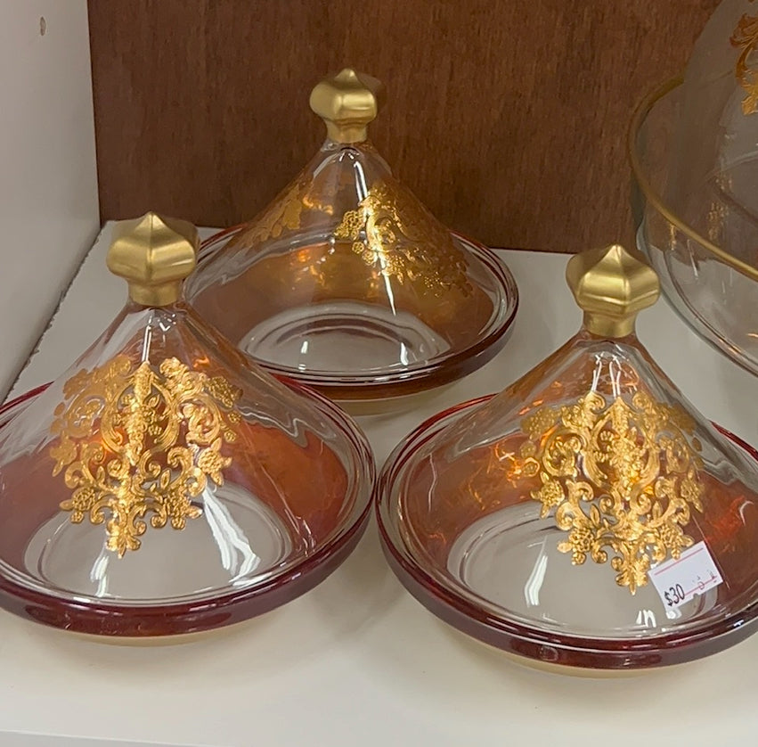 Mini tajine en verre – 15 cm avec motif marocain doré