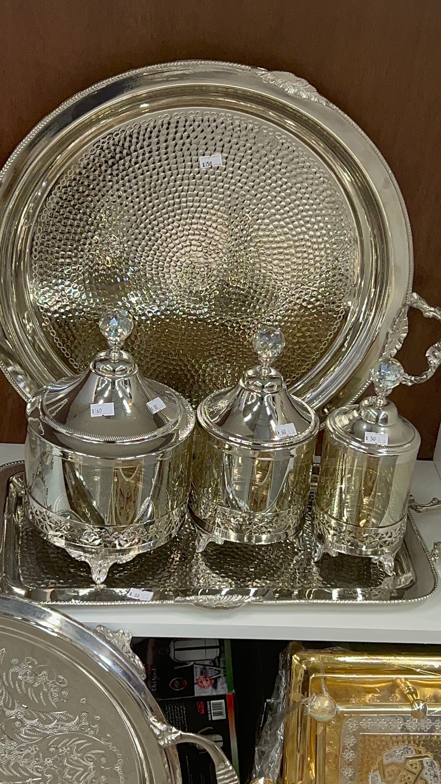 handcrafted set of crystal and copper candy jars
