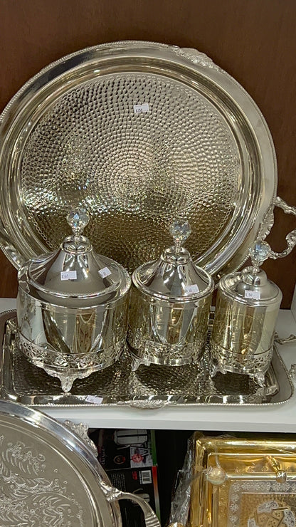 handcrafted set of crystal and copper candy jars