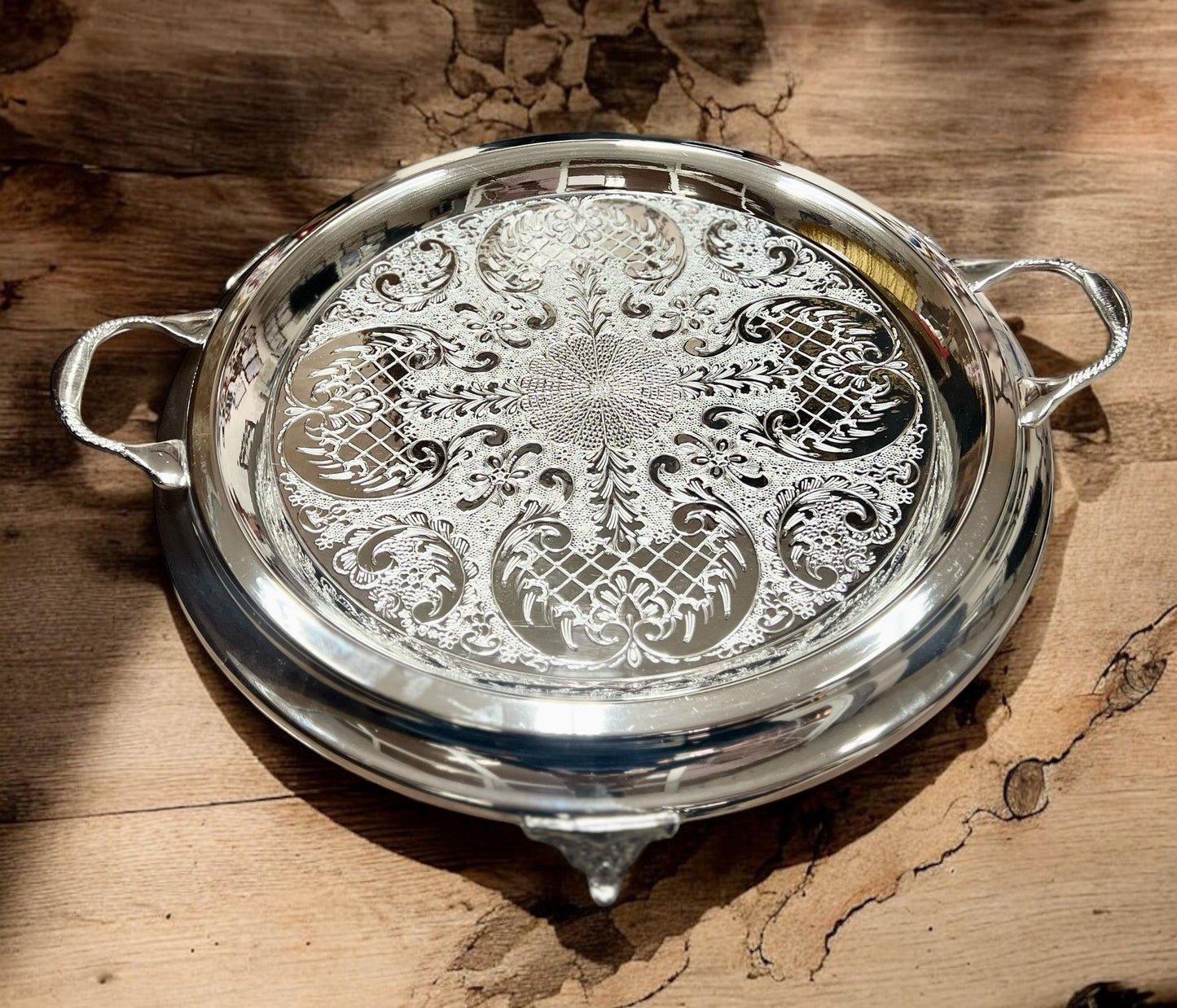 Ornate Silver-Plated Tray with Handles