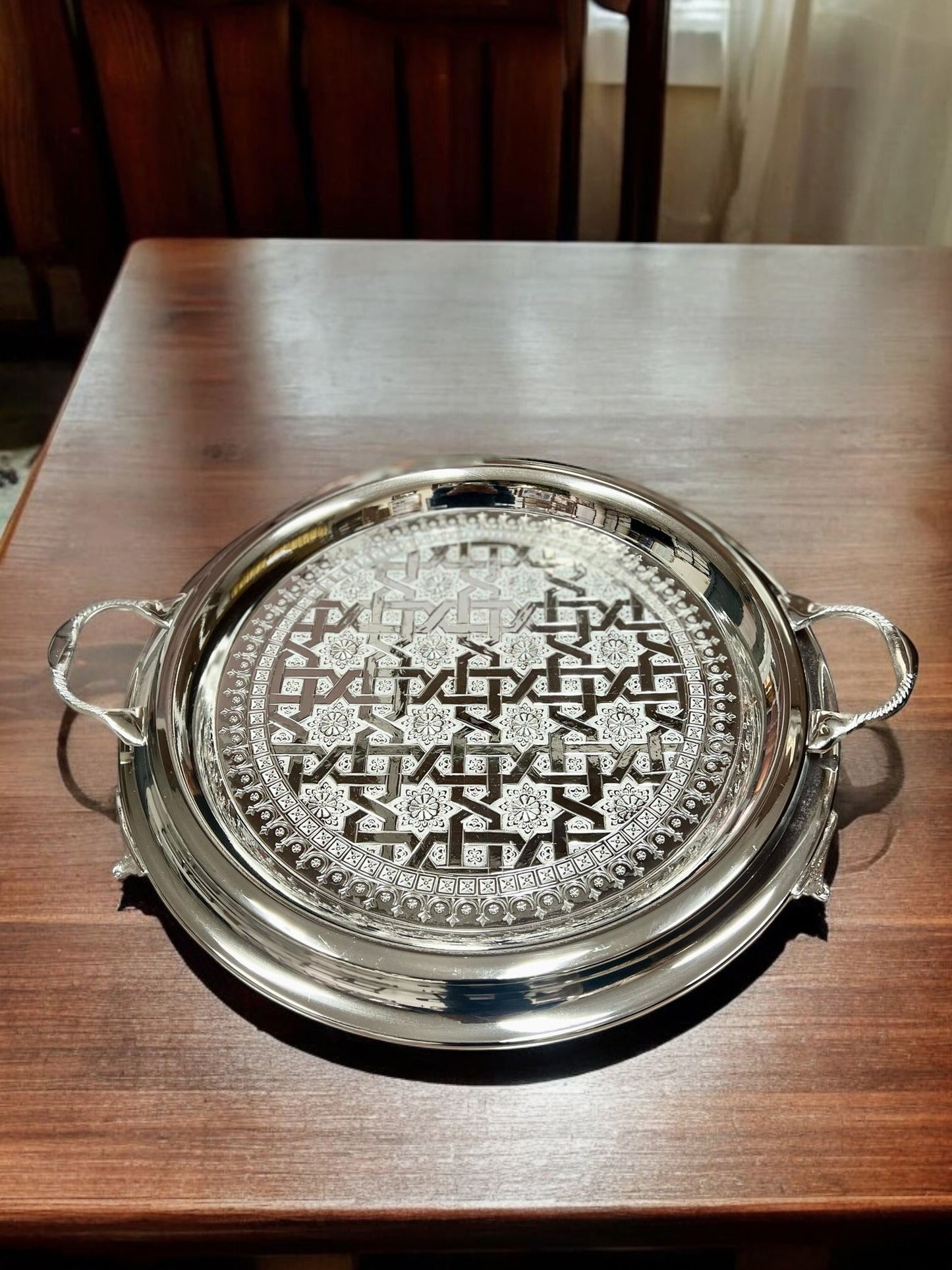 Round Silver-Plated Tray with Handles