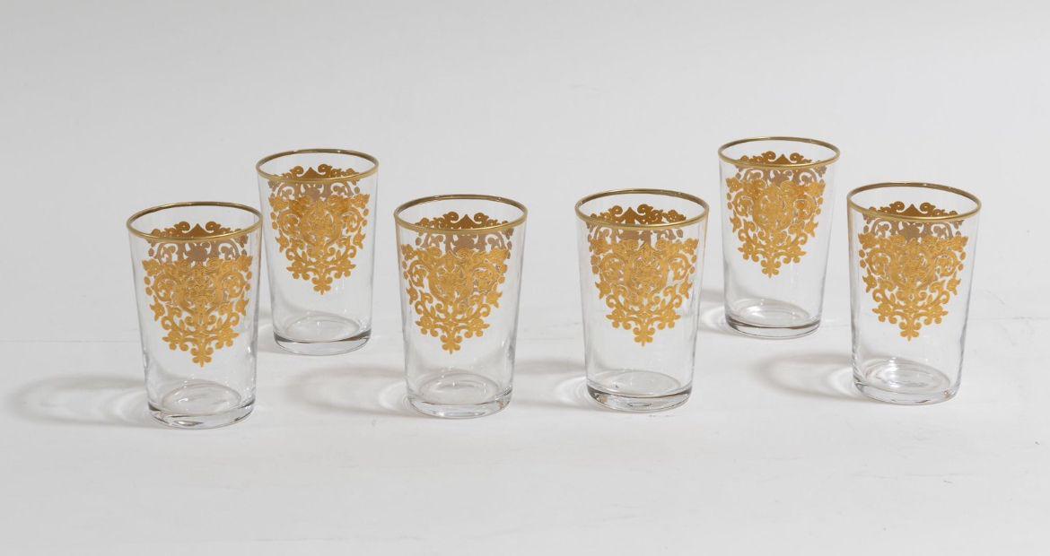 Set of 6 Handcrafted Moroccan Tea Glasses with Gold Detailing