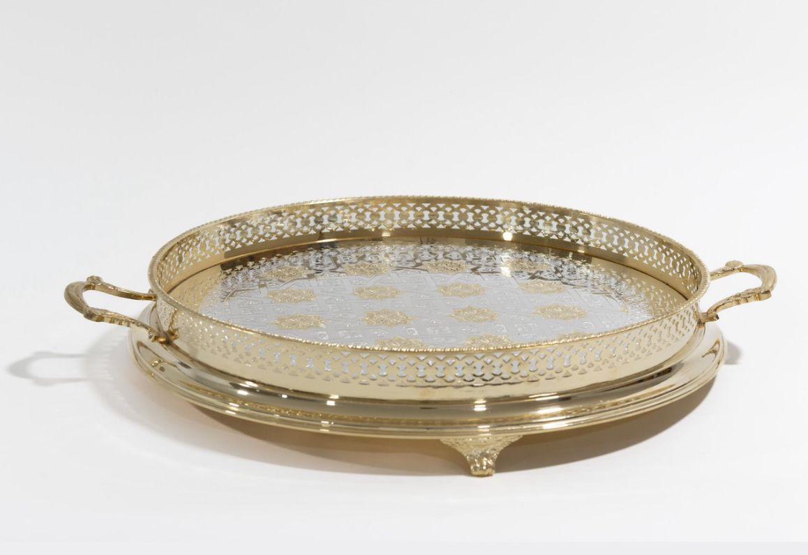 Round Decorative Metal Tray with Handles