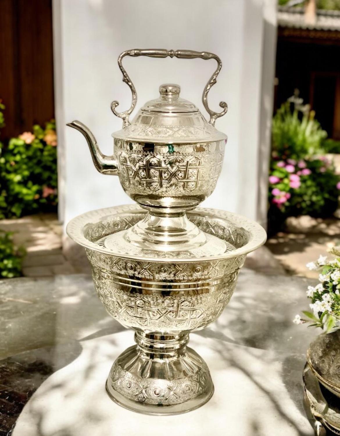 Antique-Inspired Silver Tea Kettle with Engraved Basin